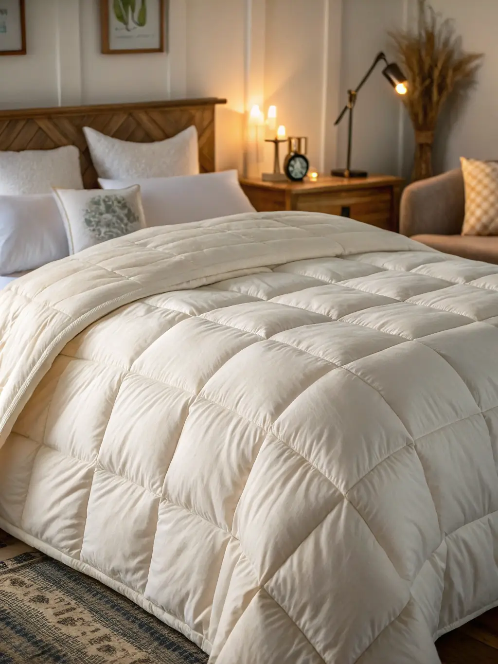 A beautifully arranged Feather-Light Comforter on a stylish bed, showcasing its lightweight and fluffy texture.