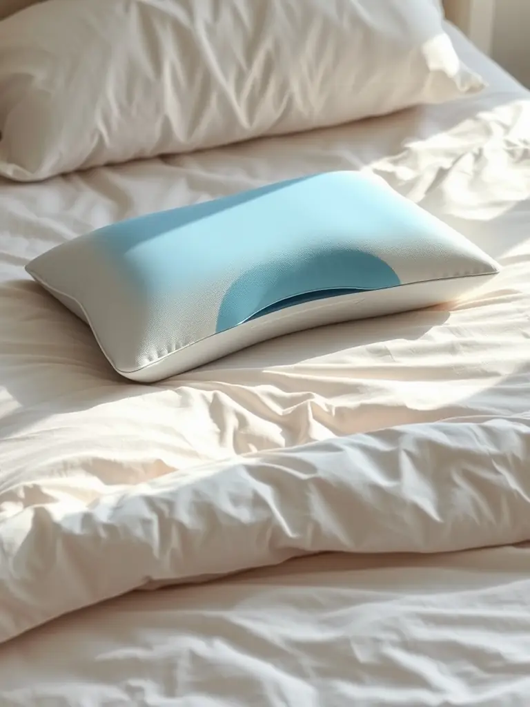 A close-up of the Thermal Sleep Pillow on a bed, highlighting its plush and supportive design.